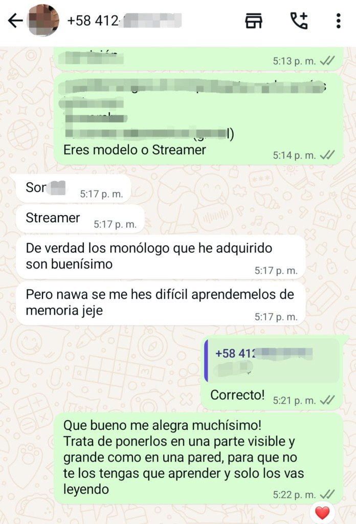 Comentario de WhatsApp de una streamer: los monólogos adquiridos son buenísimos