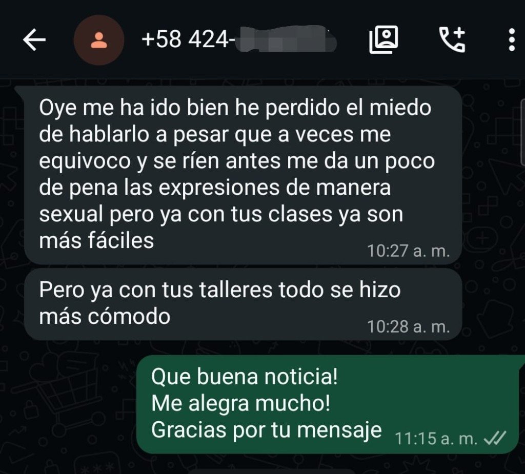 Comentario de WhatsApp sobre clases y talleres: perdió el miedo y todo se hizo más cómodo