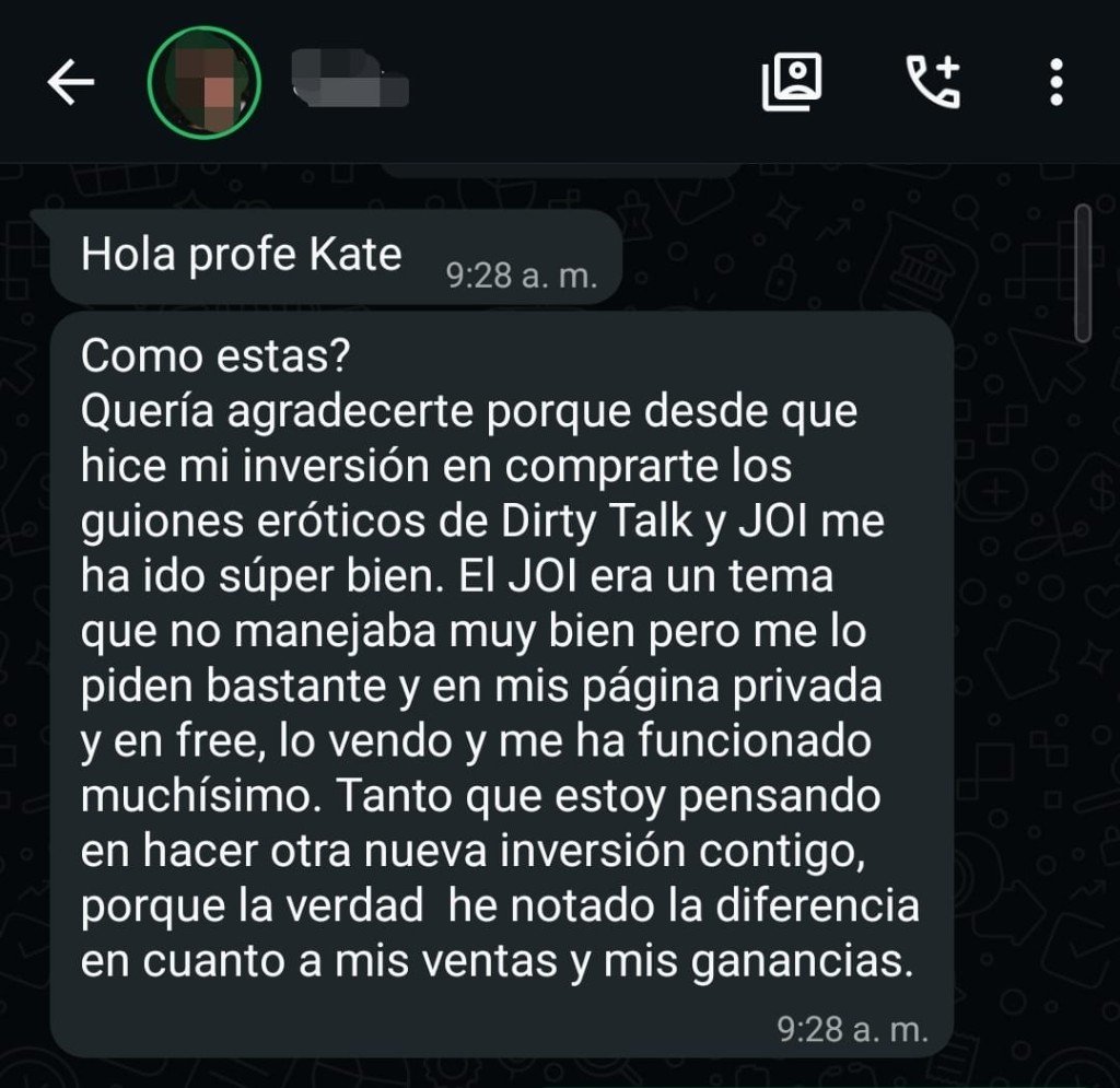 Comentario de WhatsApp sobre guiones eróticos Dirty Talk y JOI y el aumento en ventas